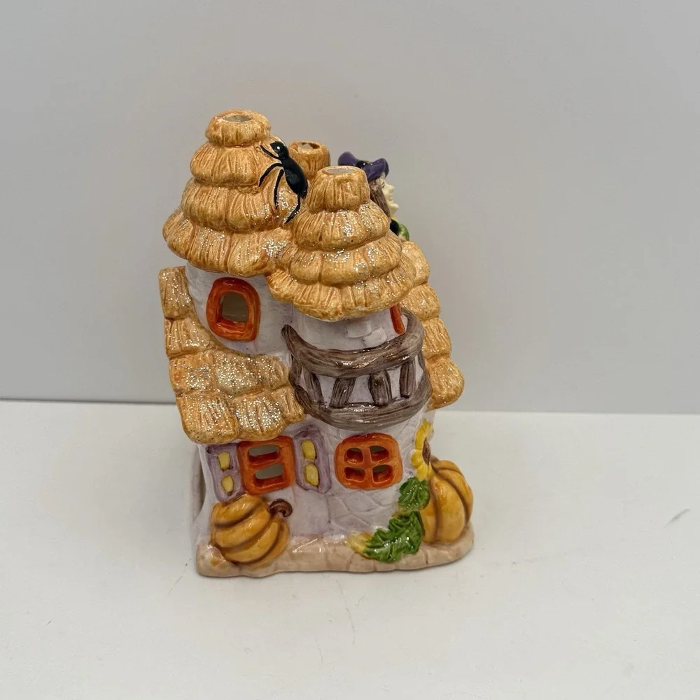 Halloween House Vintage Fall Tea Light Luminary Ceramic Scarecrow Spider Autumn